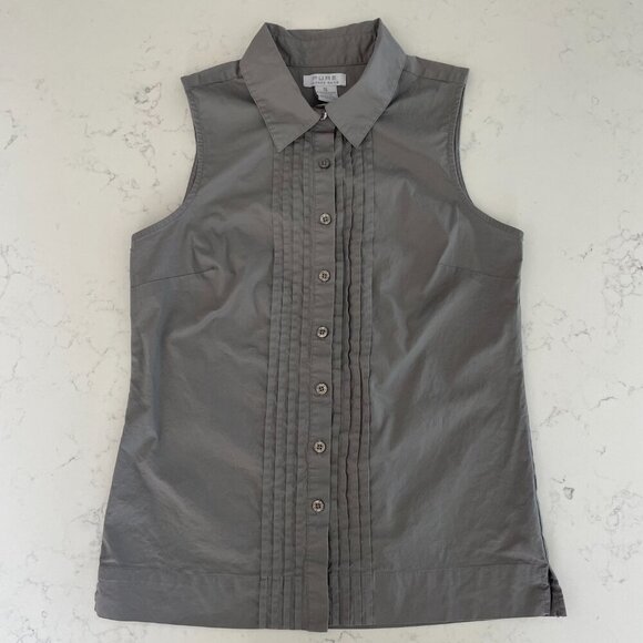 Pure Alfred Sung Sleeveless Button Down Pleat Detailed Cotton Blouse Grey Sz S - Picture 10 of 10